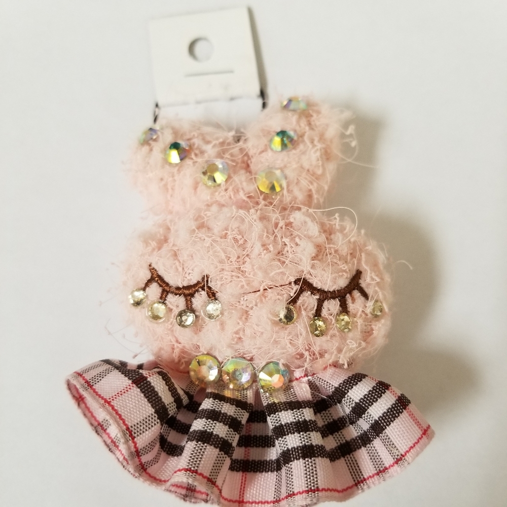 Kawaii Pink Plaid Fuzzy Character Keychain with Rhinestones New
